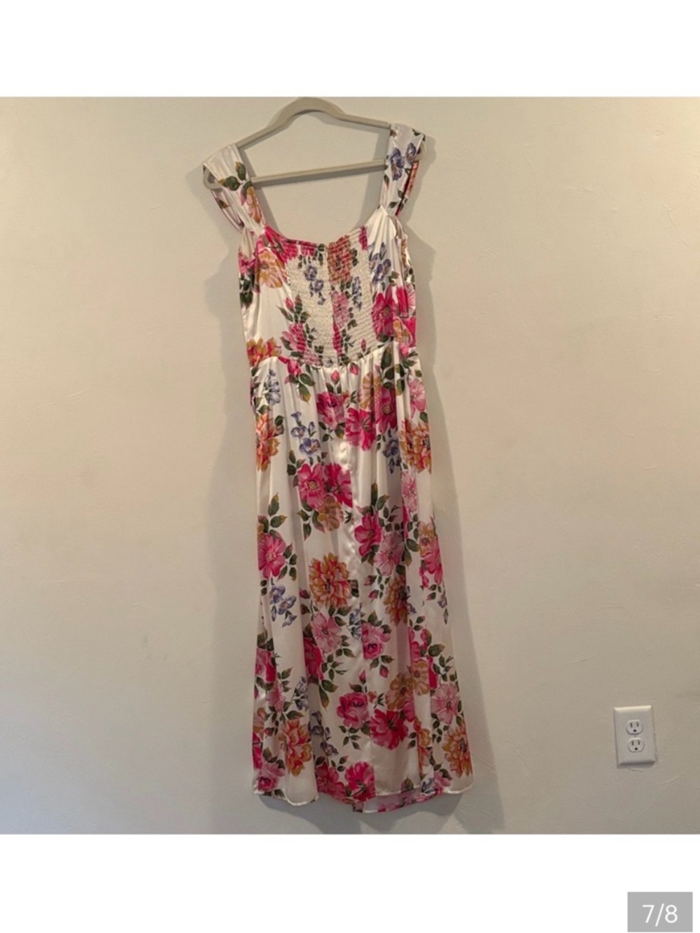 Reformation 12 Floral Satin Slip Dress White and Pink Flowers Silk Off Shoulder - Picture 7 of 8
